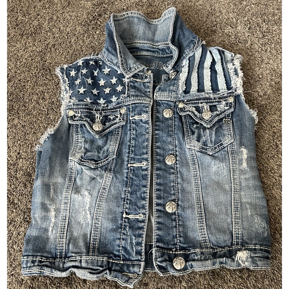Miss Me Denim American Vest Rhinestone Embellished Vest Blue Jean Jacket Size S